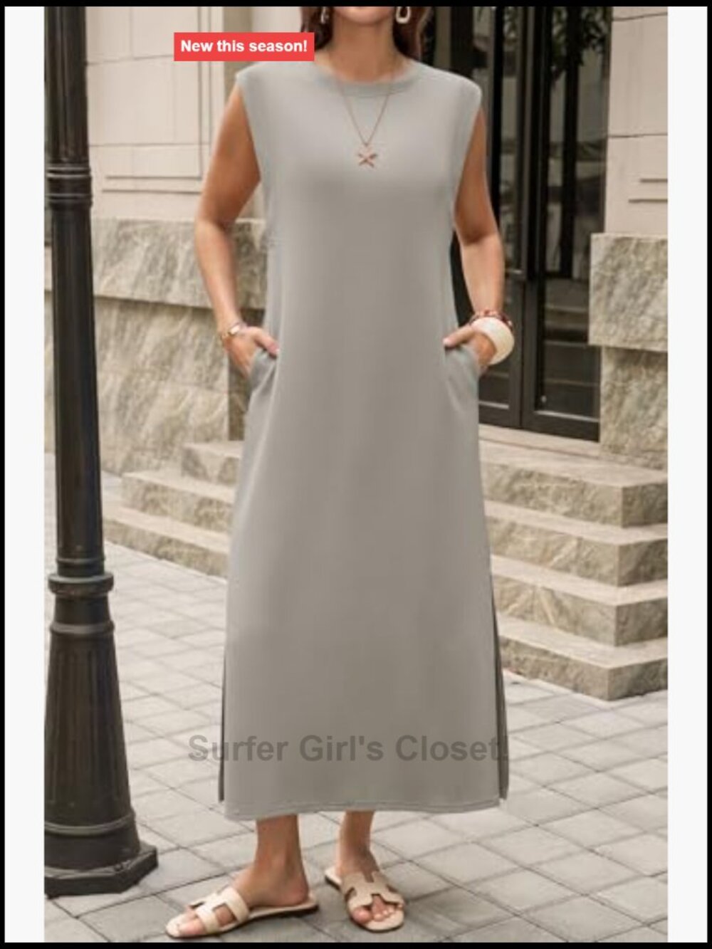 Crewneck Sleeveless Maxi Dress with Pockets Side Slit Summer - Picture 2 of 7